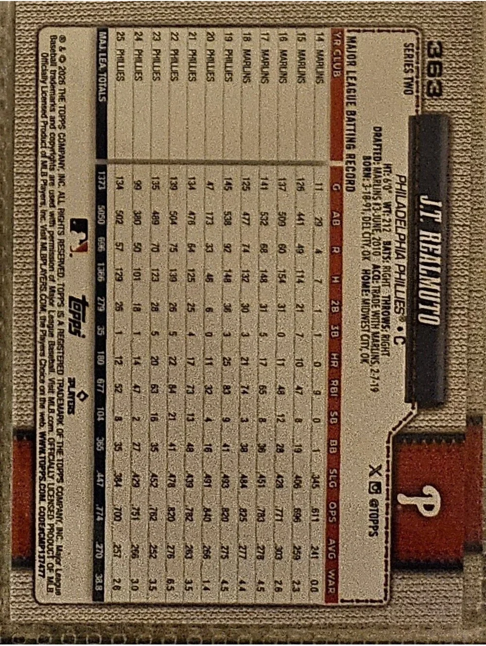 2026 Topps #363 J.T. Realmuto NM-MT Philadelphia Phillies